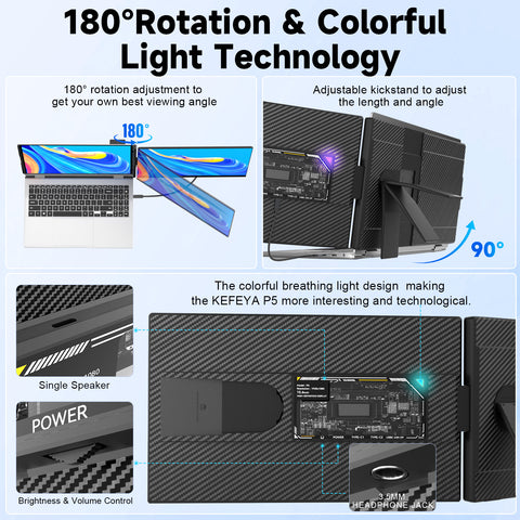 KEFEYA P5 Laptop Screen Extender, 15.6" FHD 1080P IPS Laptop Monitor Extender Detachable, Portable Monitor for Laptops 13-17.3" with Colorful Light, Plug n Play for Windows/Mac/Android/Switch/PS5