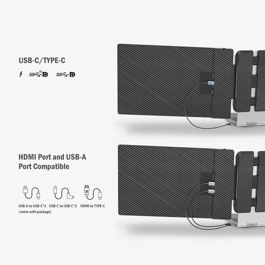The KEFEYA portable laptop monitor extender supports two connection options: full featured USB-C cables (Type-C/ Thunderbolt 3/4) and HDMI to USB-C+USB-C to USB-A cables.
